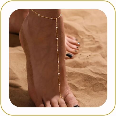 Dainty Gold Anklet for Women - Trendy 14K Gold Plated Ankle Bracelets Adjustable Bead Link Chain Waterproof Pearl CZ Anklets Non Tarnish Foot Jewelry Gift in Kuwait