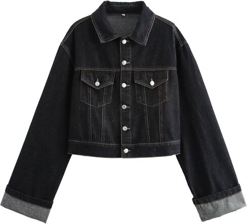 Women's Cropped Denim Jacket Button Up Long Sleeve Turn-Up Cuff Jean Jacket Women Coat in Kuwait