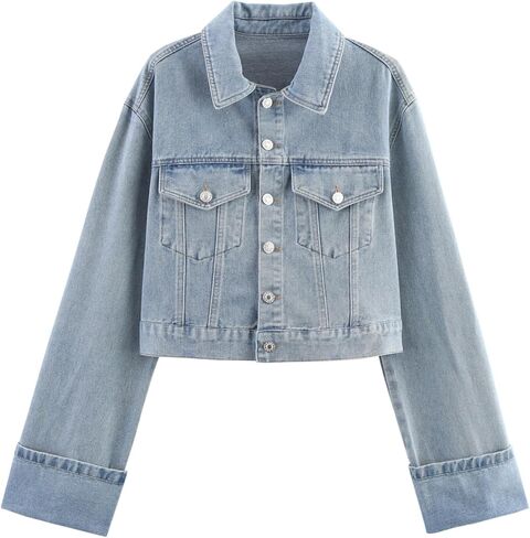 Women's Cropped Denim Jacket Button Up Long Sleeve Turn-Up Cuff Jean Jacket Women Coat in Kuwait
