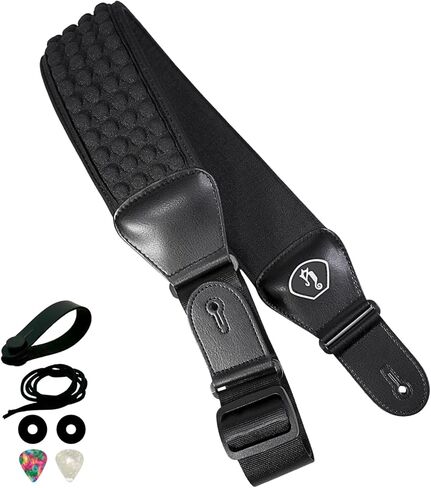 rockyou 3.2" Wide Padded Guitar Strap, 3D Sponge Filling Neoprene Bass Strap with Pick Holder for Pressure Relief (Black Texture) in Saudi Arabia