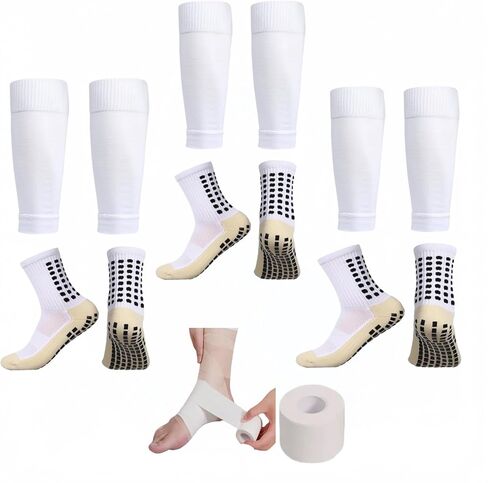 3 Set Anti Slip Grip Soccer Socks with 3 Shin Guard Sleeves with 1 Athletic Tap, Non Slip Football Basketball Athletic Sock Set for Teens Men Women Adult in Saudi Arabia