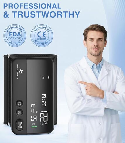 Glucoracy Upper Arm Blood Pressure Monitor, Rechargeable Blood Pressure Machine, Blood Pressure Monitors for Home Use, Portable One-Piece Design, Adjustable Wide Range Arm 10.6"-16.5", Large Display in Kuwait