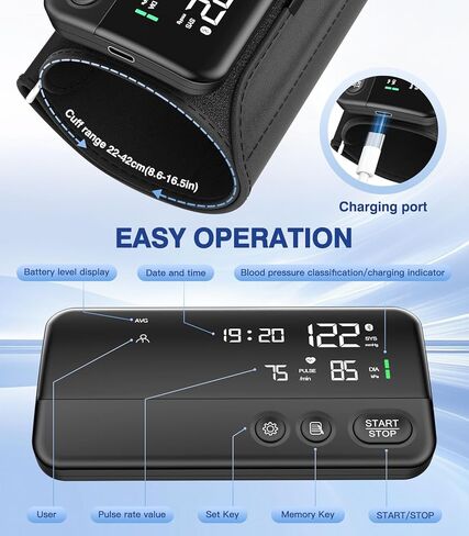 Glucoracy Upper Arm Blood Pressure Monitor, Rechargeable Blood Pressure Machine, Blood Pressure Monitors for Home Use, Portable One-Piece Design, Adjustable Wide Range Arm 10.6"-16.5", Large Display in Kuwait