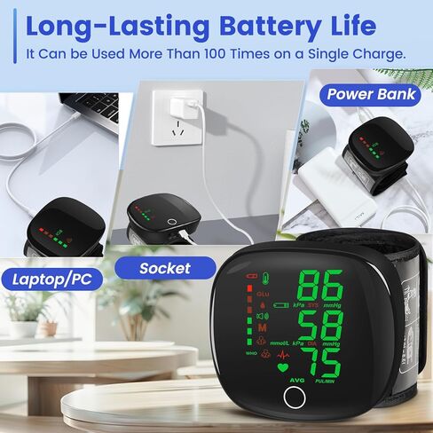 Digital Wrist Blood Pressure Monitor, Automatic BP Machine Large Tri Backlit Screen Rechargeable Pluse Rate Monitoring Meter Wrist Blood Pressure Monitor for Home Use,99X2 Reading Memory in Kuwait