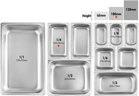 New Star Foodservice 1/4 Size Stainless Steel Steam Table Pan, 10.5 x 6.4 x 4.0 Inches, 18/8 Stainless Steel, 24 Gauge, NSF Certified (Set of 6) in Saudi Arabia