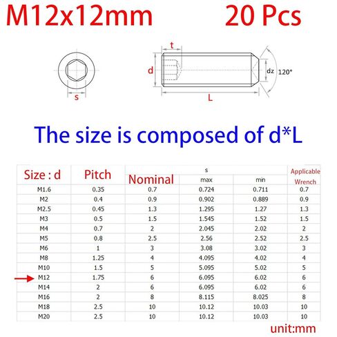 M12-1.75 x 12mm Black Hex Socket Set Grub Screws,Headless Cup Point,Flat Point Grub Bolt,Internal Hex Drive,Alloy Steel,12.9 Class Carbon Steel，External Thread 20 Pcs in Saudi Arabia