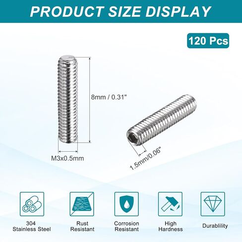 MECCANIXITY 120 Pcs M3-0.5 x 8mm Grub Screws, 304 Stainless Steel Cup Point Allen Head Screws Internal Hex Socket Drive for Bathroom Fixtures Repair Furniture DIY Project in Kuwait