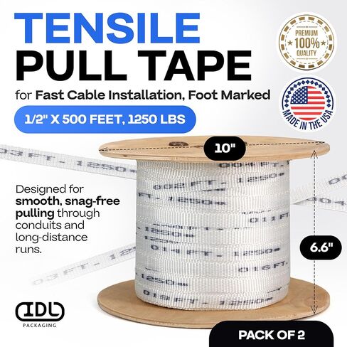 Tensile Pull Tape 3/4" x 102 ft, 2500 lb Tensile Strength - Foot-Marked Heavy-Duty Woven Polyester Pull Rope for Conduit Installation, Electrical, Packaging & Gardening by IDL Packaging in Saudi Arabia
