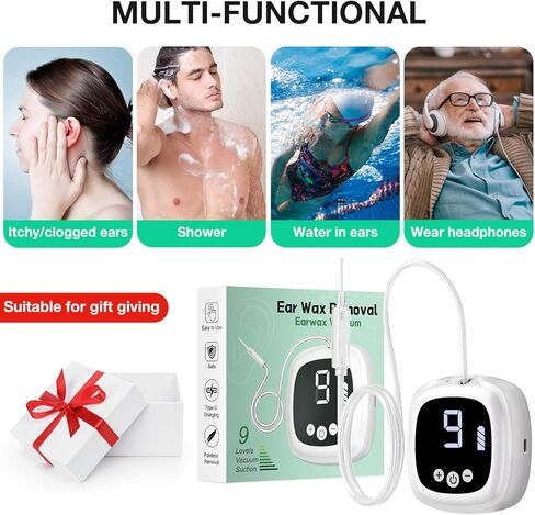 مزيل شمع الأذن، مجموعة إزالة شمع الأذن مع 9 مستويات شفط قوي، أداة شفط الأذن الكهربائية القابلة لإعادة الشحن عبر USB للبالغين والأطفال (أبيض) in Kuwait
