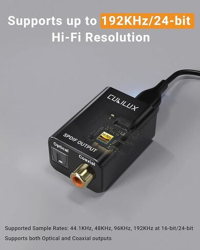 Cubilux USB to Toslink & Coaxial SPDIF Adapter, Supports Stereo & 5.1 Surround Sound, 192kHz/24bit Digital Audio Output, USB Optical/Coax Transmitter for Laptop, PC, AV Receiver, Home Theater in Saudi Arabia