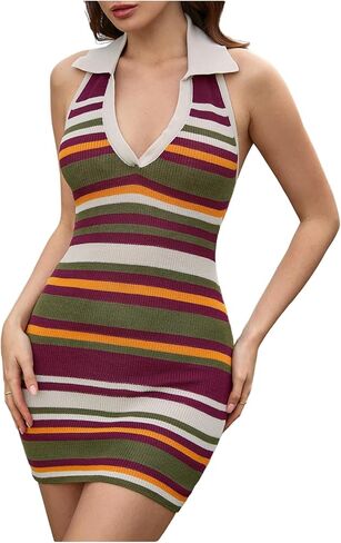 Makemechic Women's Summer Y2K Halter Dress Striped V الرقبة مفتوحة الظهر in Kuwait