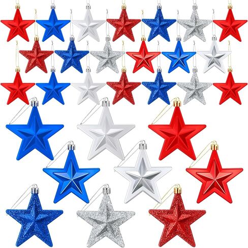 Wenqik 60 PCS Day Stars Stars الحلي الرابع من يوليو ديكور زجاجة زرقاء زرقاء زرقاء على شكل حلي معلقة لليوم التذكاري شجرة الذكرى الافتراضية الوطنية ، 6 أنماط in Kuwait