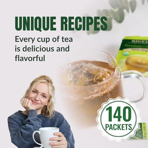 الشاي الأخضر العضوي الفاخر Bigeloww عدد 140، أكياس شاي مغلفة بشكل فردي - لتعزيز الصحة اليومية ومضادات الأكسدة - معبأة للنضارة in Kuwait