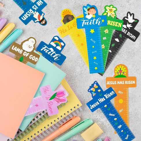 Haooryx Jesus Cross Bookmarks Rulers - 100Pcs Jesus Cross Measuring Ruler Bookmark He Is Risen Religious Kids' Paper Craft Kit Party Favor Game Prizes School Rewards Birthday Gifts Goodies Bag Fillers in Kuwait