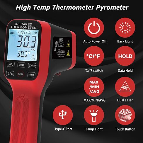 -58°F to 2912°F High Temp Infrared Thermometer Gun DS=30:1,Industrial Infrared Thermometer with Bluetooth USB Rechargeable,Adjustable Emissivity, for Kiln, Forge,HVAC in Kuwait