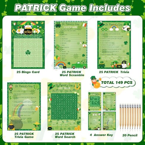 Pasimy 149 Pcs St. Patrick's Day Party Games 25 Players St Patricks Word Search Scramble Bingo Card Trivia Game for Adults Family Irish Home Activities Birthday Party Supplies in Saudi Arabia
