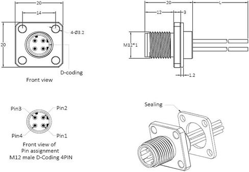M12 Connector 4Pin D-Code Male Flange Seat Welding Wire Type Aviation in Kuwait