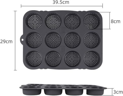 Silicone Hamburger Bun Pan, 12-Cavity Non-Stick Baking Tray for Burgers, Bread, Muffins, Pie, Eggs, 8 cm Diameter Cups, Grey, 39.5 x 29 x 3 cm in Kuwait
