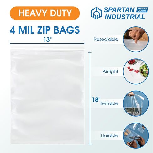 Spartan Industrial - 13" X 18" (100 Count) 4 Mil Thick Clear Reclosable Zip Plastic Poly Bags with Resealable Lock Seal Zipper - Heavy Duty and Durable in Kuwait