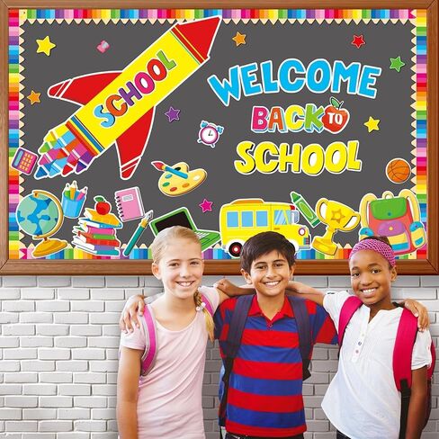 Welcome Back to School Bulletin Board Decorations Crayon Rocket Classroom Bulletin Board Border Set Colorful Rocket Classroom Paper Cutouts for Teacher Preschool Elementary Home Wall Decor in Kuwait