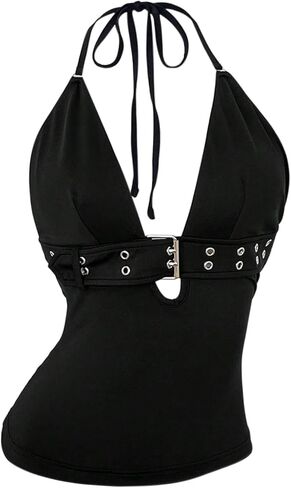 GORGLITTER Women's Y2k Open Back Halter Tops Sleeveless Deep V Neck Goth Rave Top in Saudi Arabia