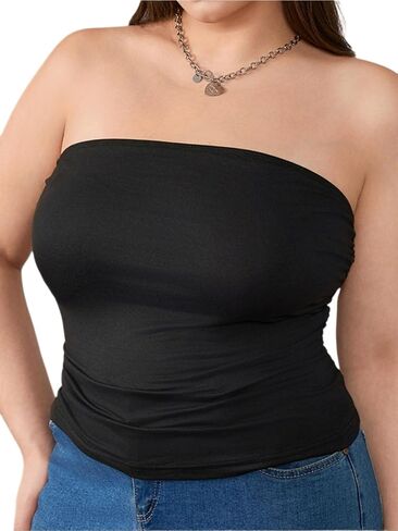 Wdirara Women's Plus Size Size Britbless Ruched Tube Tops Summer Slim Fit Fit Bandeau Top in Saudi Arabia