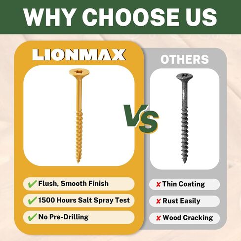 براغي سطح السفينة من LIONMAX مقاس 3 بوصة ووزن 25 رطل، براغي خشبية #10 × 3، مقاومة للصدأ، مطلية بالإيبوكسي الخارجي للمشروعات الخارجية، محرك توركس، خيط خشن، تتضمن بت نجمة T25، أسمر ضارب للصفرة، 1700 قطعة in Saudi Arabia
