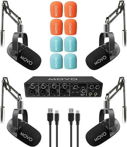 Movo 4-Person Podcast Equipment Bundle – 4-Channel USB Audio Interface, 4 CastMic Dynamic Microphones, 4 Boom Arms – Complete Recording Kit in Saudi Arabia