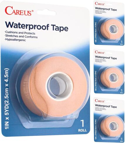 شريط CAREUS فائق المقاومة للماء، خالٍ من اللاتكس، شريط طبي رغوي مرن - 2.54 سم × 5 ياردات، يؤمن الضمادات ويحافظ على الجروح جافة ومرنة وطويلة الأمد - مجموعة 4 لفات للعناية بالجروح in Kuwait