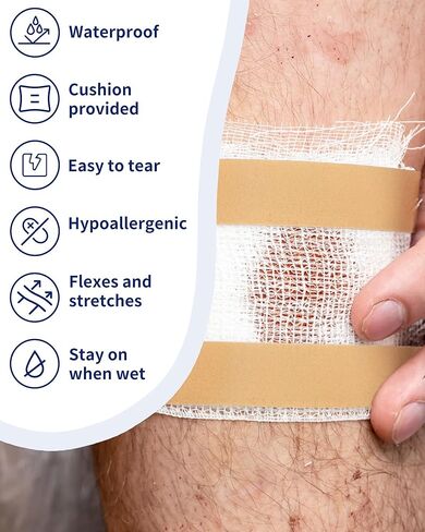 شريط CAREUS فائق المقاومة للماء، خالٍ من اللاتكس، شريط طبي رغوي مرن - 2.54 سم × 5 ياردات، يؤمن الضمادات ويحافظ على الجروح جافة ومرنة وطويلة الأمد - مجموعة 4 لفات للعناية بالجروح in Kuwait