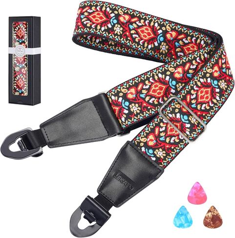 LEKATO Guitar Strap, Jacquard Embroidery Nylon Guitar Straps with Quick-Release Self-Locking Buckle for Bass & Electric Guitars, Adjustable Length from 37" to 63" with Pick Holder and 3 Picks, Red in Saudi Arabia
