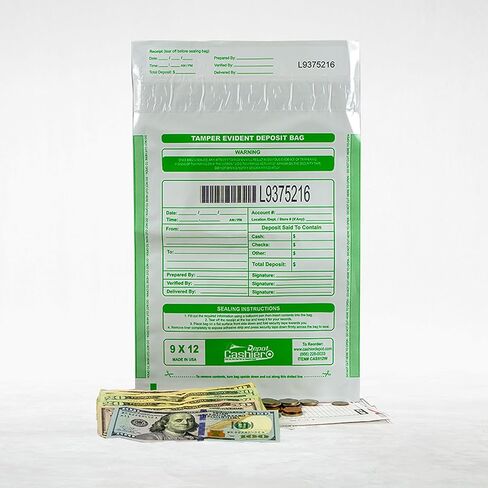100 Cashier Depot Tamper Evident Bank Deposit Bags, 9" x 12" White/Opaque, Serialized Numbering, Barcode, Press & Seal Void Closure Tape (100 Bags) in Kuwait