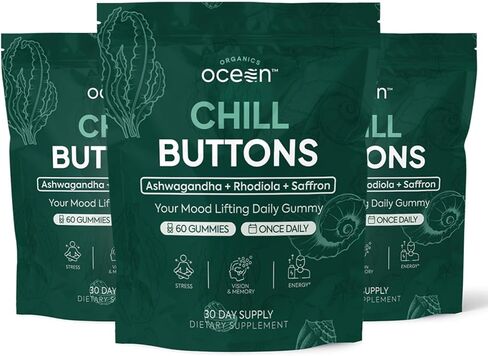 Chill Buttons - Organic Ashwagandha Reduces Tension, Enhances Memory and Vision, and Brightens Mood - Contains Ashwagandha KSM-66, Rhodiola Rosea, and Organic Saffron in Saudi Arabia