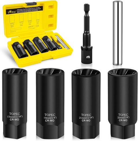 Topec 6PCS Deep Lug Nut Removal Tool, 1/2" Drive Lug Nut Extractor Set, 17-22mm Wheel Lock Removal Kit, Spark Plug Extractor Socket Set for Stripped, Rounded, Damaged Bolts & Studs in Kuwait