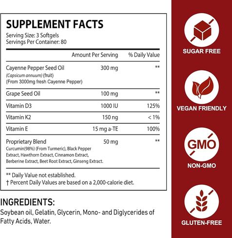 مكمل كبسولات الفلفل الحار، 240 كبسولة هلامية، مع الكركم والزعرور والشمندر وبذور العنب، مع الفلفل الأسود وفيتامين هـ، مكمل يومي نباتي لدعم الدورة الدموية والعافية in Kuwait
