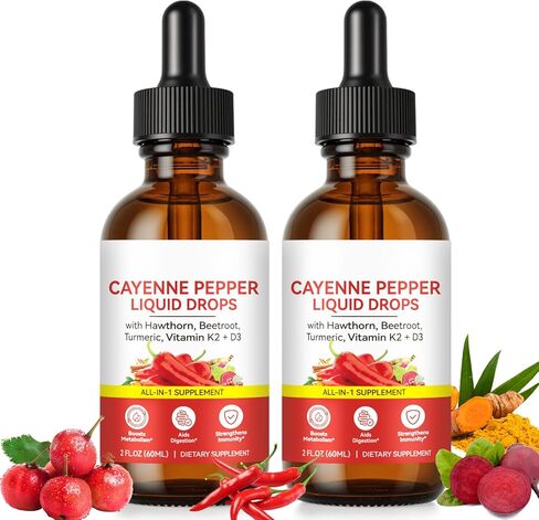 قطرات الفلفل الحار، مكملات كايين الصحية لجذور الزعرور والكركم والكركم، فيتامين K2 وD3، صديق للنباتيين، تركيبة لطيفة in Kuwait