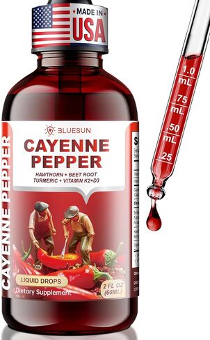 Bluesun Cayenne Pepper Drops with Hawthorn Berry & Beet Root - Liquid Turmeric Curcumin, Vitamin D3 + K2 - Made in USA Herbal Supplement - Daily Wellness Formula - 2 Fl Oz (60ml) in Kuwait