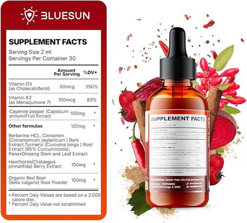 Bluesun Cayenne Pepper Drops with Hawthorn Berry & Beet Root - Liquid Turmeric Curcumin, Vitamin D3 + K2 - Made in USA Herbal Supplement - Daily Wellness Formula - 2 Fl Oz (60ml) in Kuwait