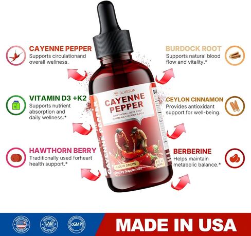 Bluesun Cayenne Pepper Drops with Hawthorn Berry & Beet Root - Liquid Turmeric Curcumin, Vitamin D3 + K2 - Made in USA Herbal Supplement - Daily Wellness Formula - 2 Fl Oz (60ml) in Kuwait
