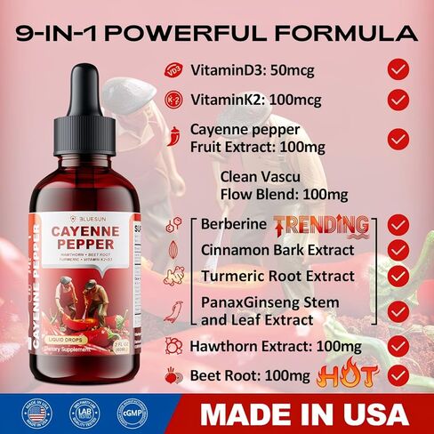 Bluesun Cayenne Pepper Drops with Hawthorn Berry & Beet Root - Liquid Turmeric Curcumin, Vitamin D3 + K2 - Made in USA Herbal Supplement - Daily Wellness Formula - 2 Fl Oz (60ml) in Kuwait