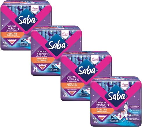 SABA Ultra Invisible Ultra Thin Night Pads with Wings, Overnight Heavy Absorbency, 4-Pack of 14 Pads (56 Count) in Kuwait