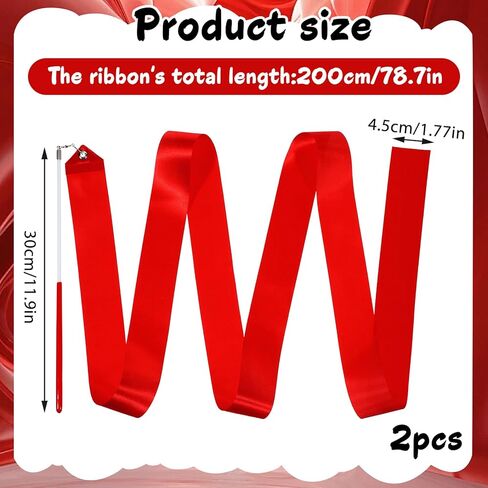 2 PCS Ribbon Dancer Wand, 78.7 Inch Gymnastics Dance Ribbons Red Twirling Dancing Ribbon Streamers for Artistic Dancing, Gymnastics Training, Outdoor Play in Kuwait