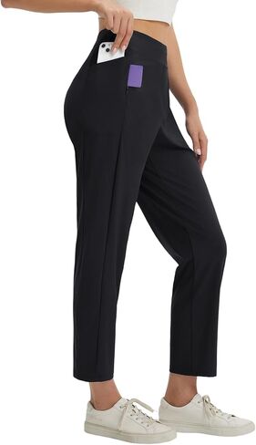 baleaf Women's Petite Travel Pants with 3 Pockets 25" Ankle Golf Pant Pull On Stretchy 7/8 Work Slacks Black S in Saudi Arabia