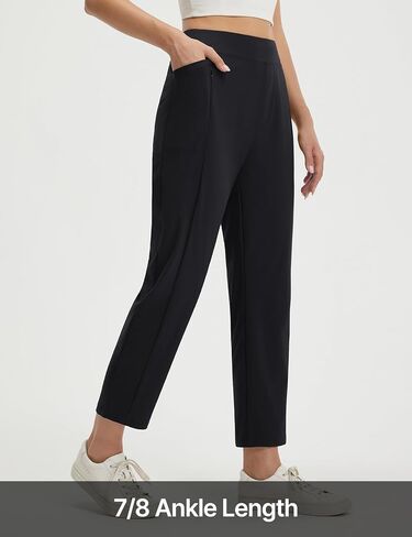 baleaf Women's Petite Travel Pants with 3 Pockets 25" Ankle Golf Pant Pull On Stretchy 7/8 Work Slacks Black S in Saudi Arabia