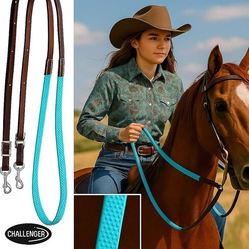 CHALLENGER Horse Western 8' Brown Leather Rubber Grip Contest Barrel Reins Teal 805LR13TL in Saudi Arabia