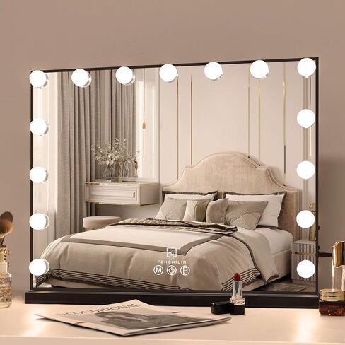 FENCHILIN Vanity Mirror with Lights, Hollywood Lighted Makeup Mirror with 15 Dimmable LED Bulbs for Dressing Room & Bedroom, Slim Metal Frame Design, White in Kuwait