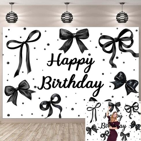 Coquette Happy Birthday Backdrop Black Bow Party Decortions Banner for Girls Women Bachelorette Theme Birthday Party Cake Table Supplies (82x59 inch (7x5FT)) in Kuwait