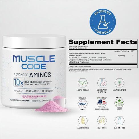 NAUTILUS Muscle Code مسحوق الأحماض الأمينية الأساسية، تخليق العضلات وإصلاحها وقوتها، نكهة التوت المختلطة الطبيعية - 30 حصة مدروسة سريريًا، 0 جرام سكر، كيتو، نباتي، خالي من الغلوتين، ومنتجات الألبان in Kuwait