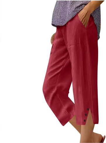 سراويل كابري للنساء بمقاس كبير من القطن والكتان سراويل شاطئ فضفاضة صيفية كاجوال خفيفة الوزن برمودا مع جيب in Kuwait