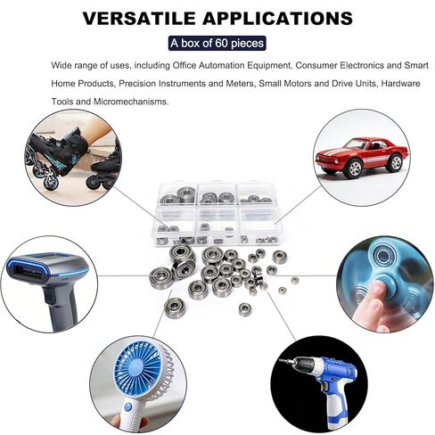 60 Pcs 6-Size 625ZZ 624ZZ 623ZZ 693ZZ 683ZZ 682ZZ Deep Groove Ball Bearings Kit, Miniature Bearings Assortment for Skateboards, Consumer Electronics - Double Shielded in Saudi Arabia